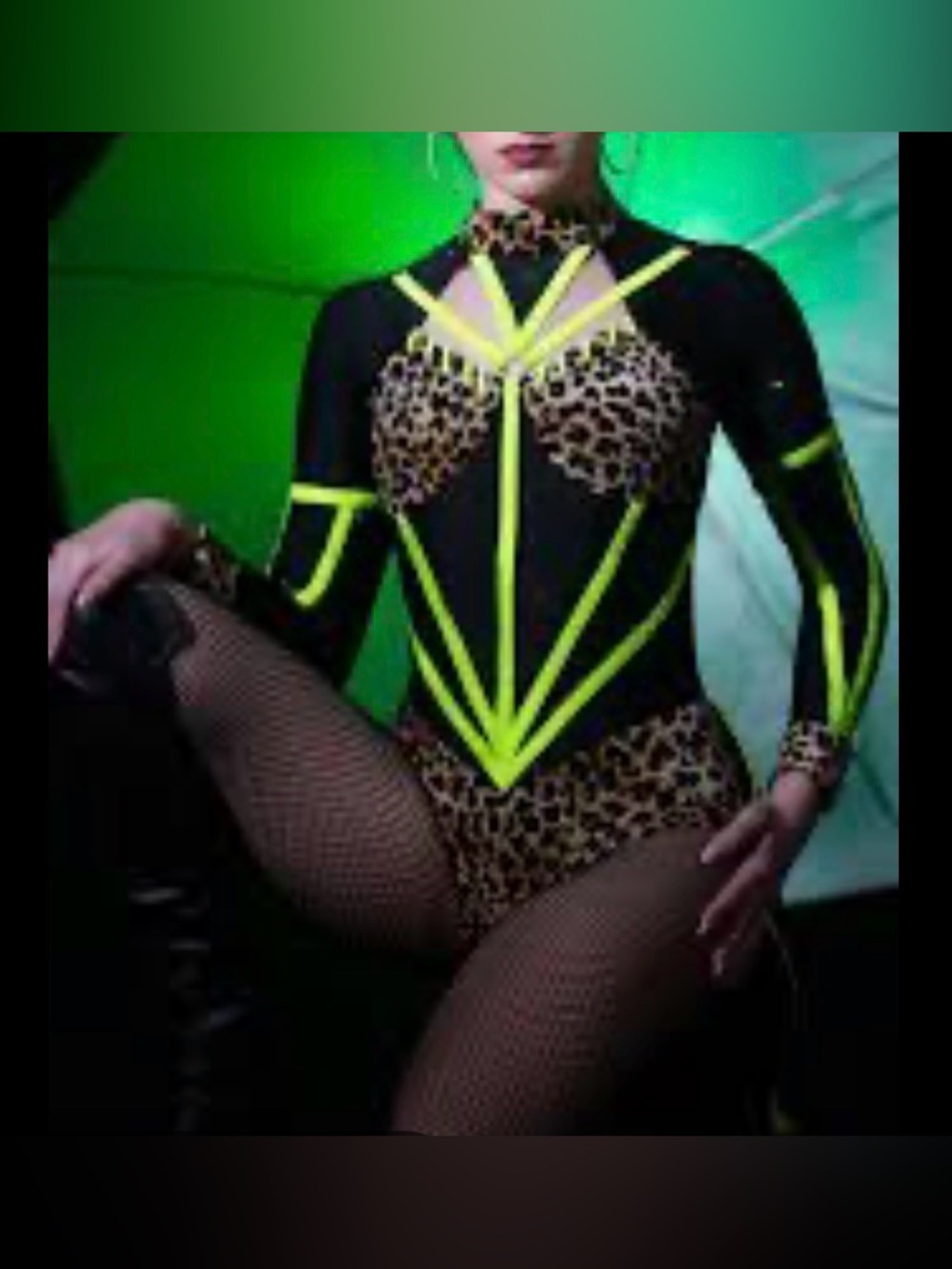 Glamour Costumes Leopard Print Neon Trim Long Sleeve Competition Dance Costume